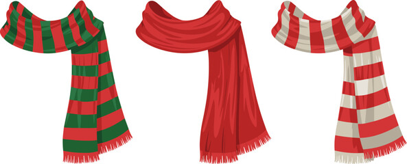 Christmas winter scarves collection, red and green striped wool scarves, cozy warm fashion accessories, holiday clothing illustration, flat cad drawing vector design, seasonal outfit