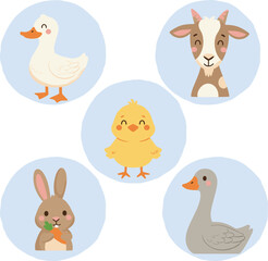 Naklejka premium Cute Farm Animals Set Duck, Chick, Goat, Rabbit, and Goose