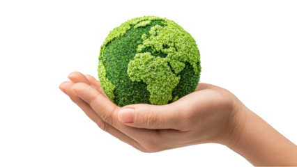 Green globe held in hand symbolizing care for the Earth. Concept of environmental awareness, sustainability, ecology, nature conservation, and a greener future.