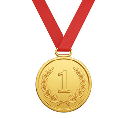 Close up of a shiny gold medal with a red ribbon hanging from the top featuring the number one in the center symbolizing victory and achievement