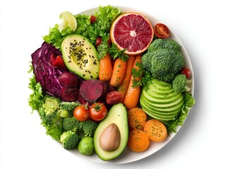 Overhead shot of vibrant vegetable salad on white plate featuring avocado broccoli carrots beets and citrus fruits