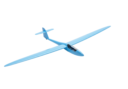 Isolated light blue glider airplane toy ready for takeoff and enjoying a leisurely flight