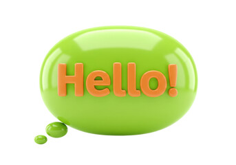 Isolated green glossy speech bubble with the word Hello in orange letters. Modern design.