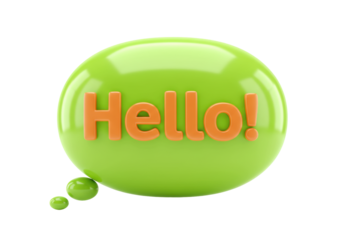 Isolated green glossy speech bubble with the word Hello in orange letters. Modern design.