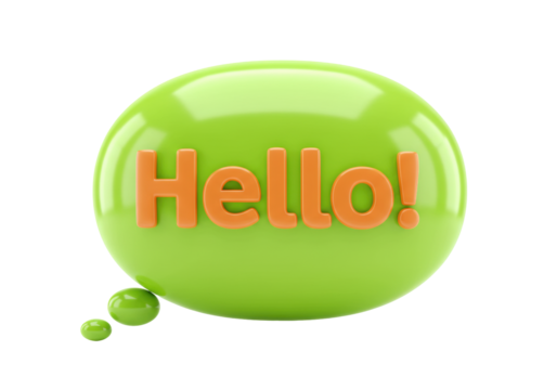 Isolated green glossy speech bubble with the word Hello in orange letters. Modern design.