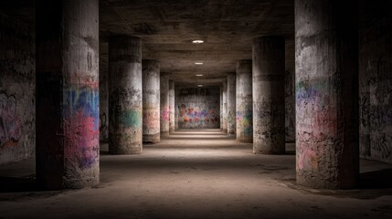 Obraz premium Underground passageway with graffiti-covered columns.