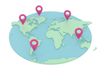 Isolated stylized world map on a blue disc featuring multiple pink location indicators