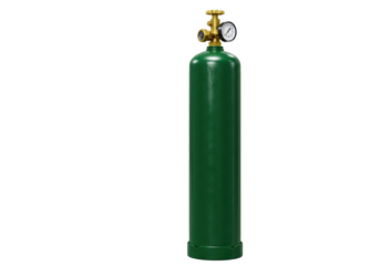 Isolated green compressed gas cylinder with valve and pressure gauge, on no background