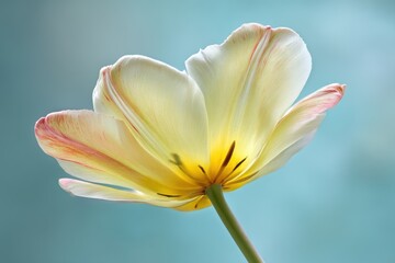 Fototapeta premium Cream and Yellow Tulip Flower Close Up in Studio Shot from Below Against Blue Background Showing Delicate Petals and Stem