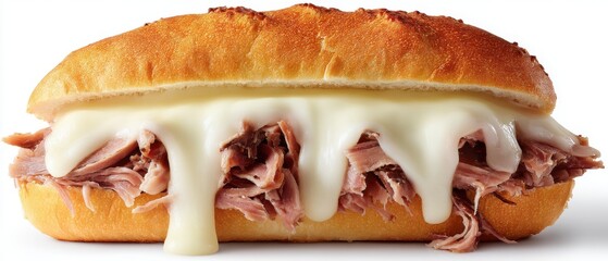 Delicious close up of a roast beef sandwich with melted provolone cheese on a toasted roll studio shot on white