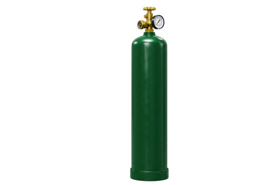 Isolated green compressed gas cylinder with valve and pressure gauge, on no background