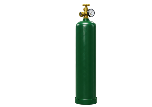 Isolated green compressed gas cylinder with valve and pressure gauge, on no background