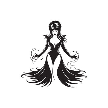 Black Color Elvira Halloween Silhouette on White Background.