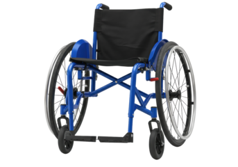 Isolated blue wheelchair, disability assistance aid with black seat for mobility support
