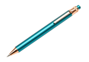 Isolated teal mechanical pencil with gold accents, positioned at an angle for creative work