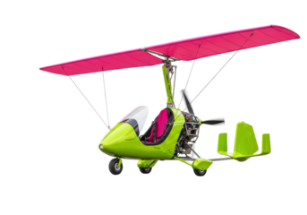 Isolated ultralight gyrocopter airplane, rotorcraft, single-rotor gyroplane with pink wing