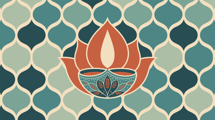 A stylized lotus flower and diya lamp against a patterned background with teal and blue teardrop shapes