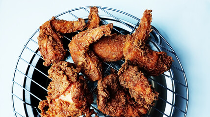 Golden brown fried chicken on a drainer