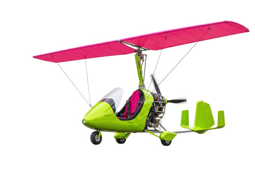 Isolated ultralight gyrocopter airplane, rotorcraft, single-rotor gyroplane with pink wing