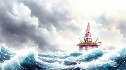 Obraz premium Offshore drilling platform , stormy seas, and a dramatic gray-scale backdrop,