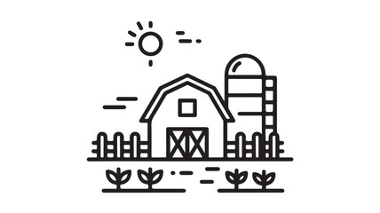 Charming minimalist illustration of a sunny farm with barn, silo, and crops.