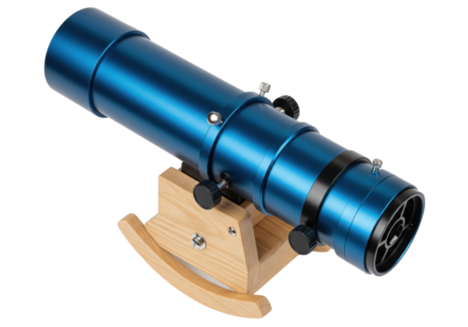 Isolated blue telescope on wooden stand for astronomical observations, star-gazing, hobby