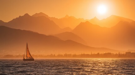 Sailboat sailing at sunset with mountains in the background in Antalya Turkey golden hour landscape scenic view