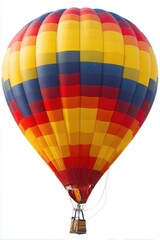 Naklejka premium Colorful hot air balloon ascending against a white sky background, aerial view, adventure travel, freedom concept