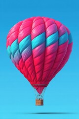 Naklejka premium Hot Air Balloon Ascending Against Clear Blue Sky Colorful Pink and Turquoise Stripes Eye Level View