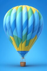 Fototapeta premium Hot Air Balloon Ascending on Blue Backdrop Eye Level Shot Colorful Stripes Yellow Green Blue Basket Adventure