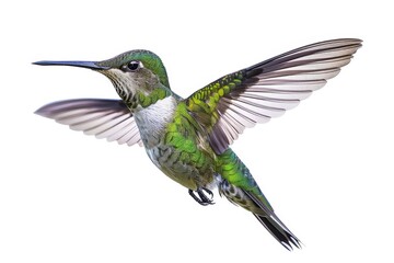 A hummingbird in mid-flight, displaying vibrant green feathers against a white backdrop, showcasing its agility and beauty