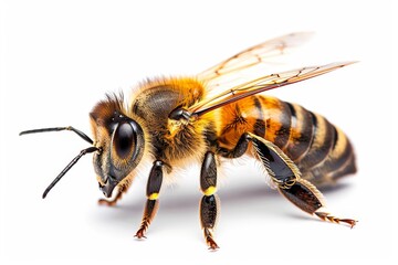 Close-up of a honey bee showcasing intricate details of its wings and body structure against a white background