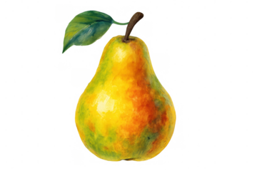 Pear fruit watercolor painting with green leaf, fresh healthy food, hand drawn organic illustration on transparent background