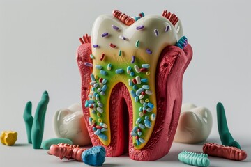 Colorful tooth model showcasing dental health concepts with bacteria and plaque