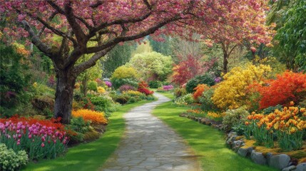 Naklejka premium Serene Garden Path with Blooming Cherry Trees and Colorful Flowers in Springtime Landscape View