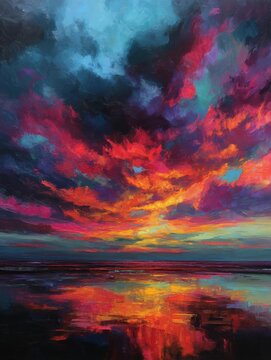 Dramatic sunset painting over water with vibrant colors and reflections abstract impressionism style coastal scene