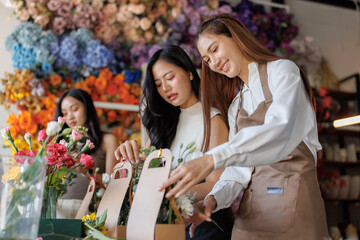 Florist helping customer selecting flowers for gift