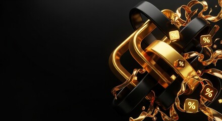 Fototapeta premium Abstract composition featuring golden and black ribbons intertwined with percentage symbols on a dark background.