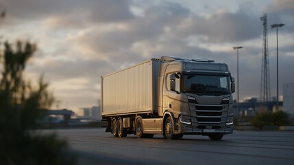 Smart container truck fleet transmitting live data to central system, emotion of confidence and progress visible, representing sustainable freight solutions, telematics, and intelligent transport