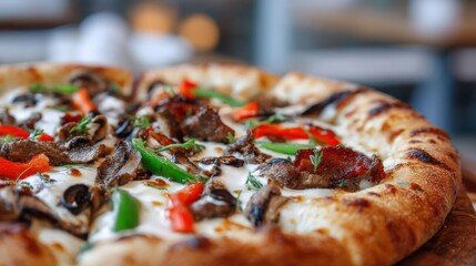 Gourmet Pizza Close Up on Wooden Board at Restaurant Table Top View with Mushrooms Peppers and Meat