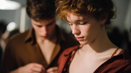 Fototapeta premium Costume designers stitch details, pin fabric, and check fitting adjustments backstage as performers wait, symbolizing behind the scenes craftsmanship, tailoring artistry, and perfectionism hidden