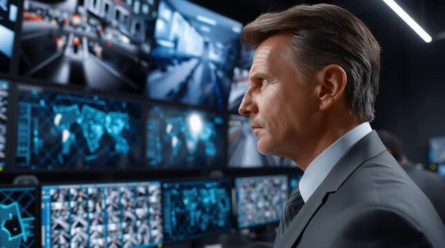 Security expert's serious expression, looking for abnormalities through the monitor.