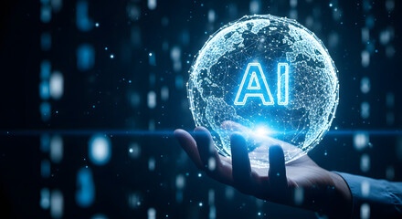 A person holding a glowing digital globe with an AI brain icon, symbolizing global artificial intelligence networks.