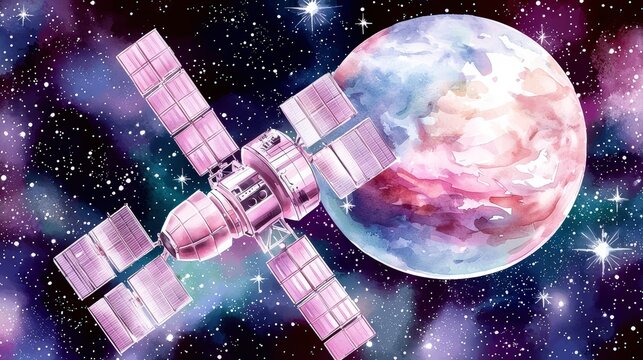 Satellite manufacturing hub , starry backgrounds, and a cosmic theme,