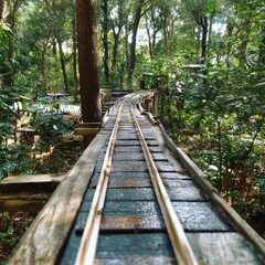 Obraz premium Miniature Railroad Tracks Curving Through Lush Green Forest Perspective View of a Wooden Model Train Railway in Nature