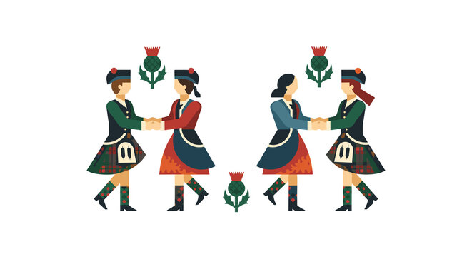 Scene of ceilidh dancers performing during Hogmanay celebration in Scotland