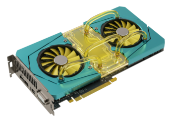 Isolated, modern graphic card with fans and water cooling, hardware on a pc, technology component