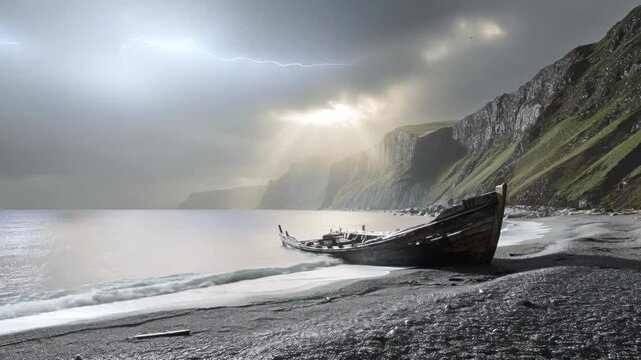 Old shipwreck on a pebble beach under changing stormy weather with sun rays and lightning, landscape footage