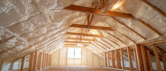Attic Insulation Installation with Spray Foam Covering Rafters and Studs in New Home Construction, Interior View, Wide Angle Shot