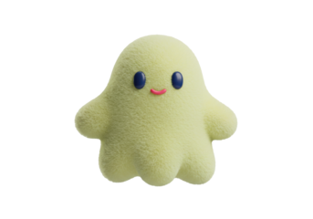 Isolated cheerful soft plush ghost with smiling face, friendly kids toy with small eyes